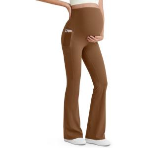 imageG4Free BareFeel Maternity Flare Leggings with Pockets Over The Belly Stretchy Casual Lounge Pregnancy Dress Pants for WorkDark Coffee