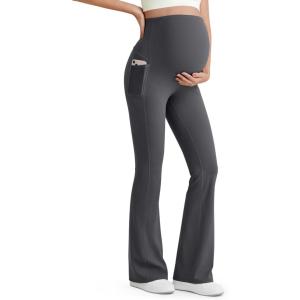 imageG4Free BareFeel Maternity Flare Leggings with Pockets Over The Belly Stretchy Casual Lounge Pregnancy Dress Pants for WorkDark Gray