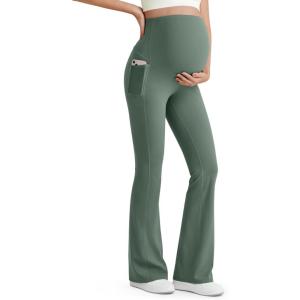 imageG4Free BareFeel Maternity Flare Leggings with Pockets Over The Belly Stretchy Casual Lounge Pregnancy Dress Pants for WorkGray Sage