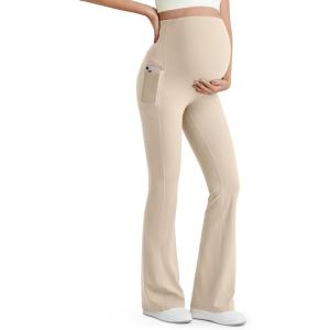 imageG4Free BareFeel Maternity Flare Leggings with Pockets Over The Belly Stretchy Casual Lounge Pregnancy Dress Pants for WorkLight Khaki