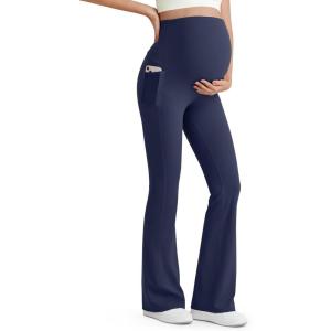 imageG4Free BareFeel Maternity Flare Leggings with Pockets Over The Belly Stretchy Casual Lounge Pregnancy Dress Pants for WorkRoyal Blue