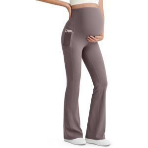 imageG4Free BareFeel Maternity Flare Leggings with Pockets Over The Belly Stretchy Casual Lounge Pregnancy Dress Pants for WorkTaupe