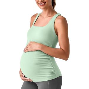 imageG4Free BareFeel Maternity Racerback Tank Tops with Built in Bra Ruched Sleeveless Square Neck Pregnancy Yoga Workout ShirtsBean Green