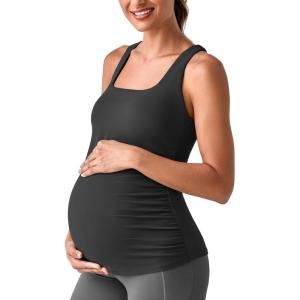 imageG4Free BareFeel Maternity Racerback Tank Tops with Built in Bra Ruched Sleeveless Square Neck Pregnancy Yoga Workout ShirtsBlack