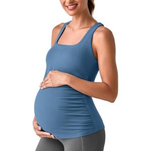 imageG4Free BareFeel Maternity Racerback Tank Tops with Built in Bra Ruched Sleeveless Square Neck Pregnancy Yoga Workout ShirtsBlue Gray