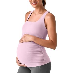 imageG4Free BareFeel Maternity Racerback Tank Tops with Built in Bra Ruched Sleeveless Square Neck Pregnancy Yoga Workout ShirtsPink