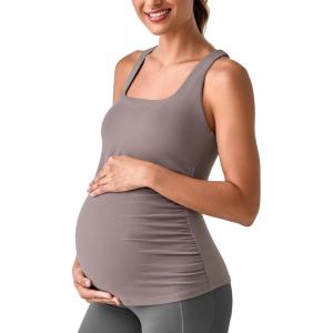 imageG4Free BareFeel Maternity Racerback Tank Tops with Built in Bra Ruched Sleeveless Square Neck Pregnancy Yoga Workout ShirtsTaupe