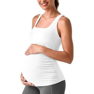 imageG4Free BareFeel Maternity Racerback Tank Tops with Built in Bra Ruched Sleeveless Square Neck Pregnancy Yoga Workout ShirtsWhite