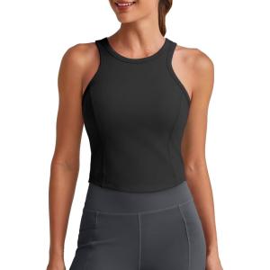 imageG4Free Barefeel Built in Bra Workout Tops for Women Removable Pads Longline Sport Bras Racerback Athletic Tank Yoga GymBlack