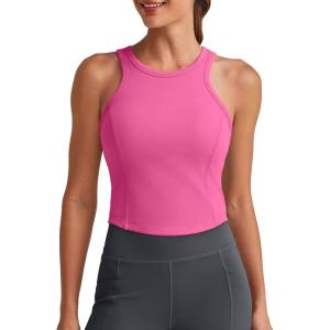imageG4Free Barefeel Built in Bra Workout Tops for Women Removable Pads Longline Sport Bras Racerback Athletic Tank Yoga GymHot Pink