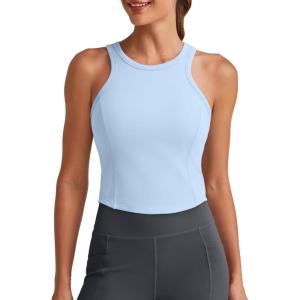 imageG4Free Barefeel Built in Bra Workout Tops for Women Removable Pads Longline Sport Bras Racerback Athletic Tank Yoga GymLight Demin