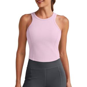 imageG4Free Barefeel Built in Bra Workout Tops for Women Removable Pads Longline Sport Bras Racerback Athletic Tank Yoga GymPink