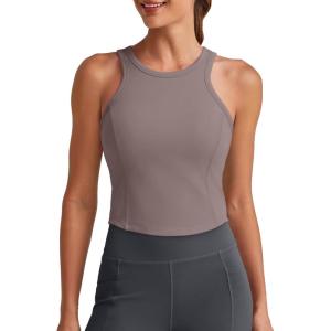 imageG4Free Barefeel Built in Bra Workout Tops for Women Removable Pads Longline Sport Bras Racerback Athletic Tank Yoga GymTaupe