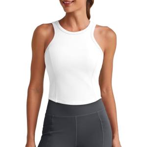 imageG4Free Barefeel Built in Bra Workout Tops for Women Removable Pads Longline Sport Bras Racerback Athletic Tank Yoga GymWhite