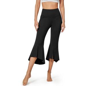 imageG4Free Capri Pants for Women Stretch Yoga Dress Pants with Pockets Ruffle Bell Bottom Athletic Work LeggingsBlack