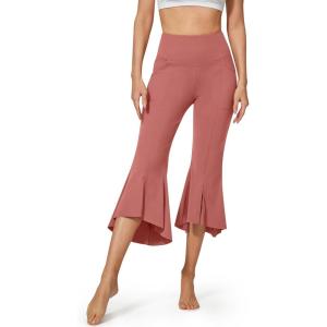 imageG4Free Capri Pants for Women Stretch Yoga Dress Pants with Pockets Ruffle Bell Bottom Athletic Work LeggingsCameo