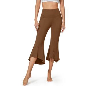 imageG4Free Capri Pants for Women Stretch Yoga Dress Pants with Pockets Ruffle Bell Bottom Athletic Work LeggingsDark Coffee