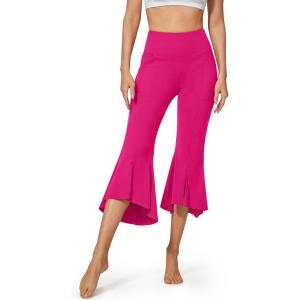 imageG4Free Capri Pants for Women Stretch Yoga Dress Pants with Pockets Ruffle Bell Bottom Athletic Work LeggingsHot Pink