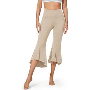 imageG4Free Capri Pants for Women Stretch Yoga Dress Pants with Pockets Ruffle Bell Bottom Athletic Work LeggingsKhaki