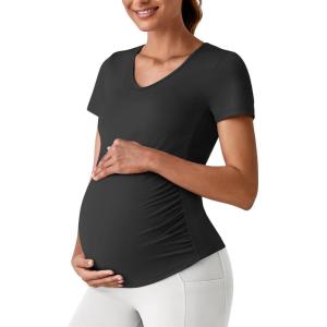 imageG4Free Lightweight Maternity Shirts Short Sleeve V Neck Pregnancy Workout Tops Side Ruched Stretchy Yoga Lounge TeesBlack