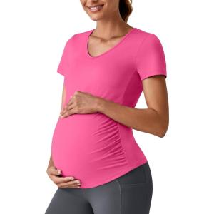 imageG4Free Lightweight Maternity Shirts Short Sleeve V Neck Pregnancy Workout Tops Side Ruched Stretchy Yoga Lounge TeesHot Pink
