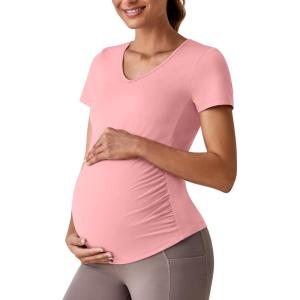 imageG4Free Lightweight Maternity Shirts Short Sleeve V Neck Pregnancy Workout Tops Side Ruched Stretchy Yoga Lounge TeesPink