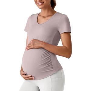 imageG4Free Lightweight Maternity Shirts Short Sleeve V Neck Pregnancy Workout Tops Side Ruched Stretchy Yoga Lounge TeesPurple