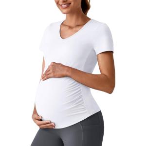imageG4Free Lightweight Maternity Shirts Short Sleeve V Neck Pregnancy Workout Tops Side Ruched Stretchy Yoga Lounge TeesWhite