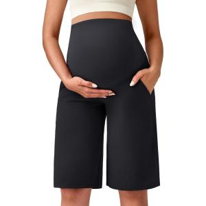 imageG4Free Maternity Athletic Shorts with Pockets Over The Belly Stretchy Workout Pants Pregnancy Wide Leg Bermuda CasualBlack