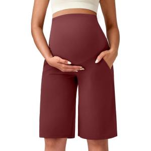 imageG4Free Maternity Athletic Shorts with Pockets Over The Belly Stretchy Workout Pants Pregnancy Wide Leg Bermuda CasualDark Burgundy