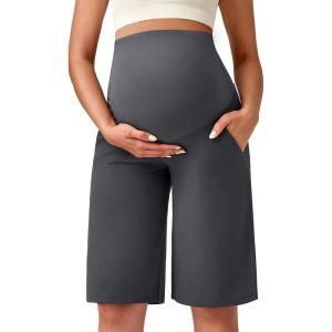 imageG4Free Maternity Athletic Shorts with Pockets Over The Belly Stretchy Workout Pants Pregnancy Wide Leg Bermuda CasualDark Gray