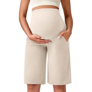 imageG4Free Maternity Athletic Shorts with Pockets Over The Belly Stretchy Workout Pants Pregnancy Wide Leg Bermuda CasualLight Khaki