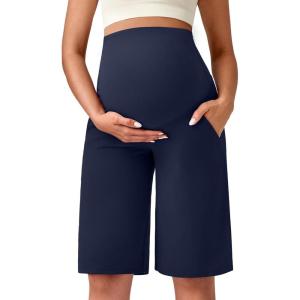 imageG4Free Maternity Athletic Shorts with Pockets Over The Belly Stretchy Workout Pants Pregnancy Wide Leg Bermuda CasualRoyal Blue