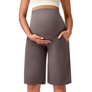 imageG4Free Maternity Athletic Shorts with Pockets Over The Belly Stretchy Workout Pants Pregnancy Wide Leg Bermuda CasualTaupe