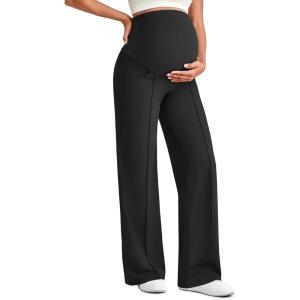 imageG4Free Maternity Dress Yoga Pants with Pockets Over The Belly Stretchy Work Slack Pregnancy Wide Leg Lounge TrousersBlack