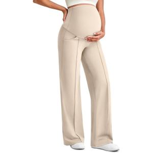 imageG4Free Maternity Dress Yoga Pants with Pockets Over The Belly Stretchy Work Slack Pregnancy Wide Leg Lounge TrousersLight Khaki