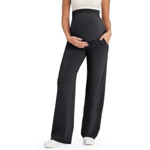 imageG4Free Maternity Pants Over The Belly Yoga Dress Work Pregnancy Pants Stretchy Lounge Wide Leg Trousers with PocketsBlack