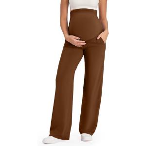 imageG4Free Maternity Pants Over The Belly Yoga Dress Work Pregnancy Pants Stretchy Lounge Wide Leg Trousers with PocketsDark Coffee