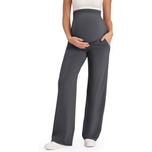 imageG4Free Maternity Pants Over The Belly Yoga Dress Work Pregnancy Pants Stretchy Lounge Wide Leg Trousers with PocketsDark Gray