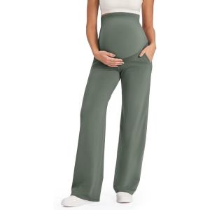 imageG4Free Maternity Pants Over The Belly Yoga Dress Work Pregnancy Pants Stretchy Lounge Wide Leg Trousers with PocketsGray Sage