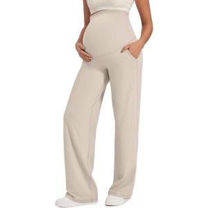 imageG4Free Maternity Pants Over The Belly Yoga Dress Work Pregnancy Pants Stretchy Lounge Wide Leg Trousers with PocketsLight Khaki