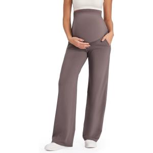 imageG4Free Maternity Pants Over The Belly Yoga Dress Work Pregnancy Pants Stretchy Lounge Wide Leg Trousers with PocketsTaupe