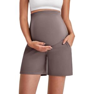 imageG4Free Maternity Shorts with Pockets Over The Belly Stretchy 6 Pregnancy Yoga Pants Athletic WorkoutTaupe