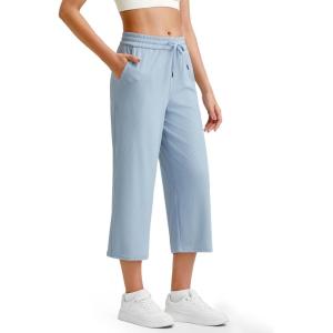 imageG4Free Ribbed Wide Leg Yoga Pants for Women Drawstring Elastic Waist Loose Casual Capris with PocketsBlue Willow