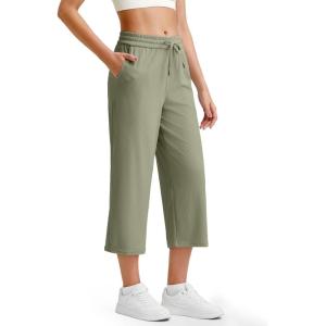 imageG4Free Ribbed Wide Leg Yoga Pants for Women Drawstring Elastic Waist Loose Casual Capris with PocketsGray Olive