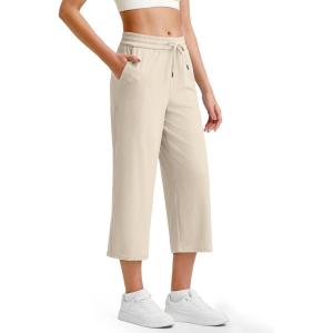 imageG4Free Ribbed Wide Leg Yoga Pants for Women Drawstring Elastic Waist Loose Casual Capris with PocketsLight Khaki