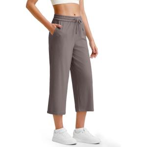 imageG4Free Ribbed Wide Leg Yoga Pants for Women Drawstring Elastic Waist Loose Casual Capris with PocketsTaupe