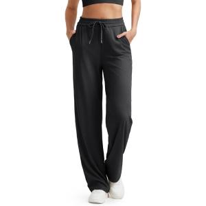 imageG4Free Ribbed Wide Leg Yoga Pants for Women with Pockets Drawstring High Waist Casual Lounge Pants PetiteRegularTallBlack