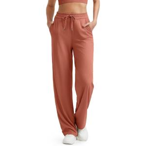imageG4Free Ribbed Wide Leg Yoga Pants for Women with Pockets Drawstring High Waist Casual Lounge Pants PetiteRegularTallBurnt Orange