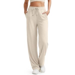 imageG4Free Ribbed Wide Leg Yoga Pants for Women with Pockets Drawstring High Waist Casual Lounge Pants PetiteRegularTallLight Khaki